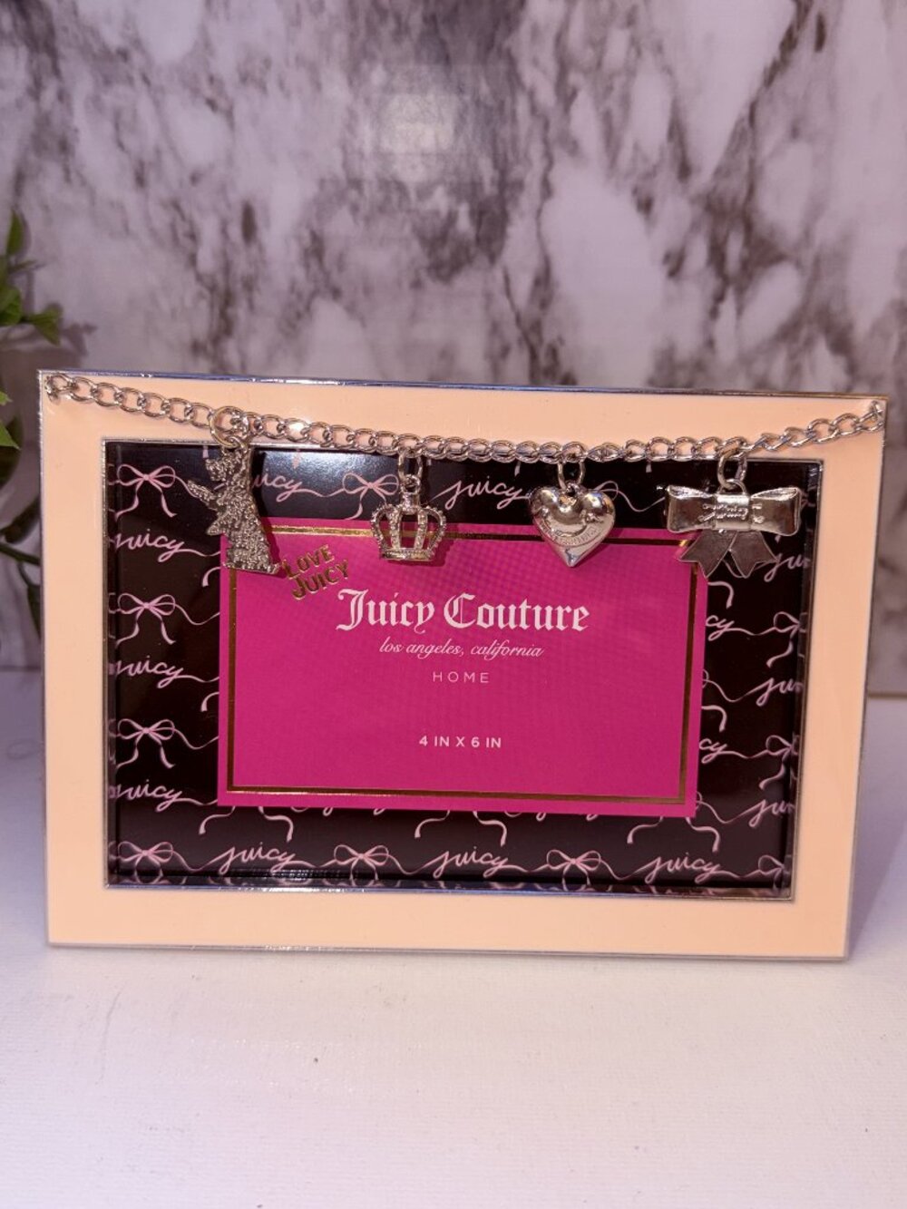 Juicy Couture Home 4x6 Picture Frame Silver Charm Chain Crown Heart Bow